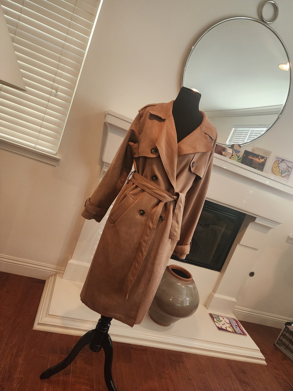 Women's Double-Breasted Tan Trench Coat with Waist Tie